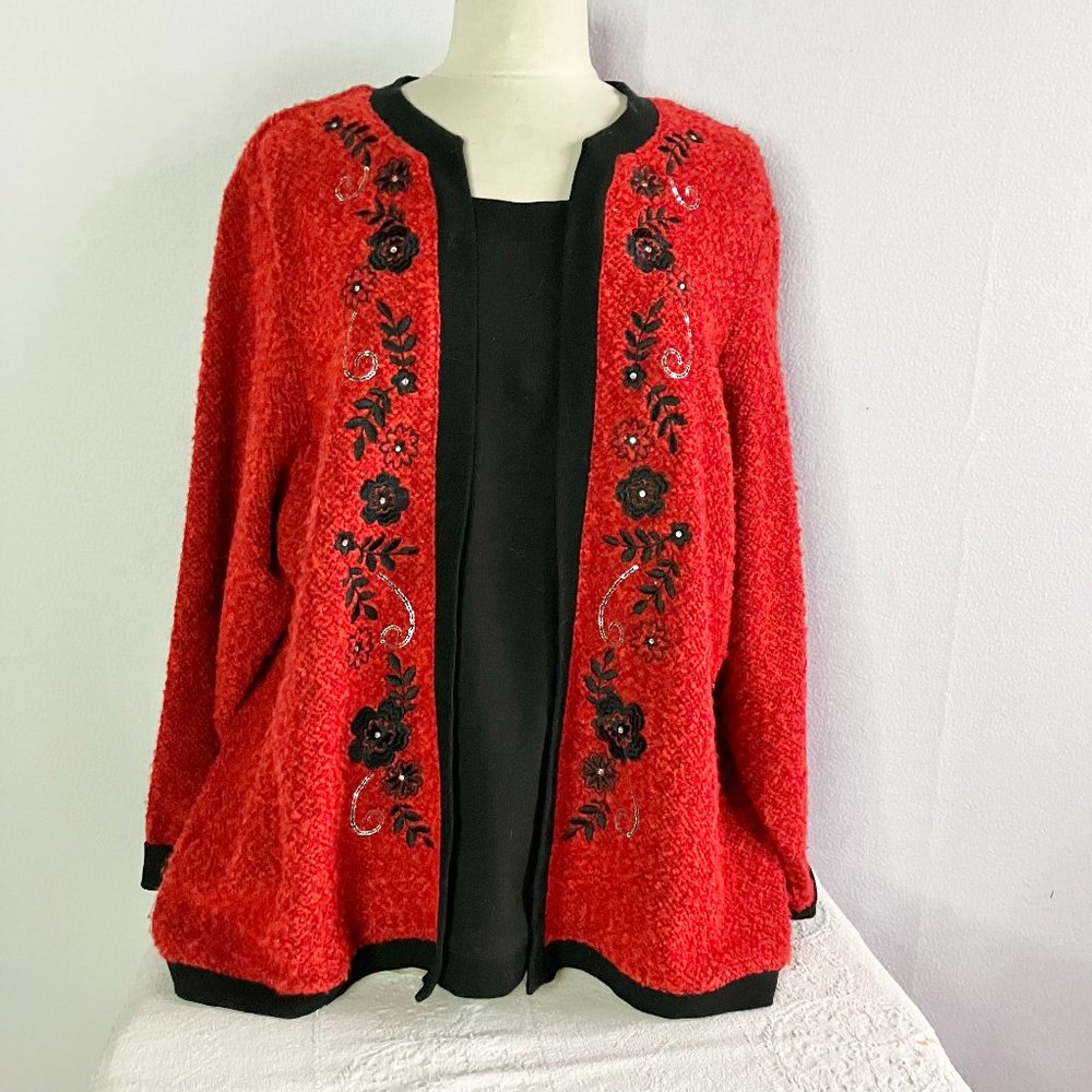 Red & Black Beaded Embroidered Floral Pullover Top